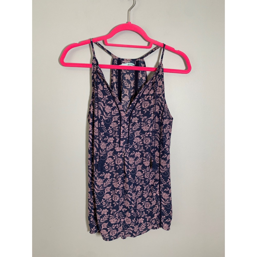 Maurices‎ Floral Tank Top Women Medium Navy Pink Tassel Crochet Racerback V-Neck